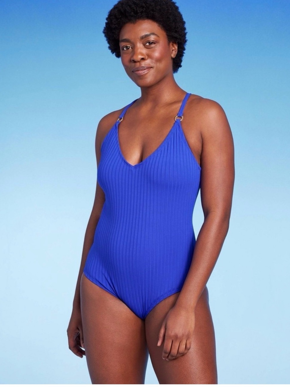 Kona Sol Royal Blue Ribbed V-Neck One-Piece Swimsuit b18p